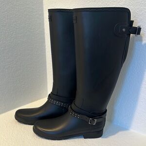 Hunter Tall Equestrian Rain Boots Gunmetal Studs & Buckle Women's Size 9 Black